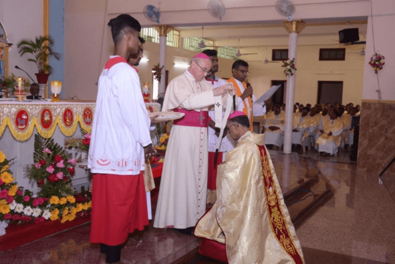 Archbishop Girelli, Apostolic Nuncio to India and Nepal, conferred the Pallium on the Metropolitan Archbishop Sebastian Kallupura of Patna, at the St. Joseph's pro-Cathedral on October 23.  Earlier on October 15, the papal delegate conferred the Pallium on newly appointed Archbishop Victor Lyngdoh of Shillong at Mary Help of Christians Cathedral, Laitumkhrah, Shillong in Northeast India.