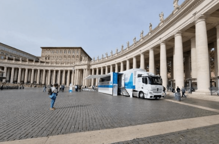 A mobile health clinic stopped in St. Peter’s Square on Monday to provide nine hours of free heart and general check-ups for the poor and homeless who live near the Vatican.