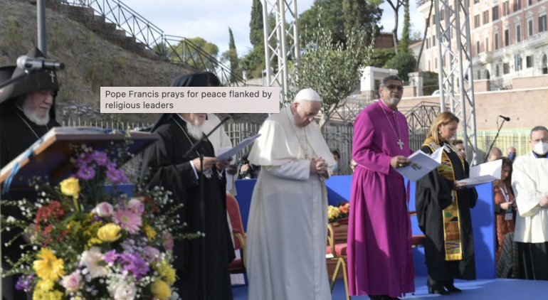 Pope Francis attends an International Meeting for Peace with leaders of various religions and confessions at Rome's Colosseum, and urges everyone to work toward purifying our hearts so that peace might fill our world.