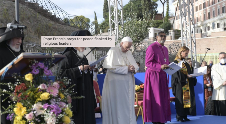 Pope Francis asked leaders of world religions to resist “the temptation to fundamentalism” for the sake of peace at an interreligious gathering Oct. 7 in front of the Colosseum.