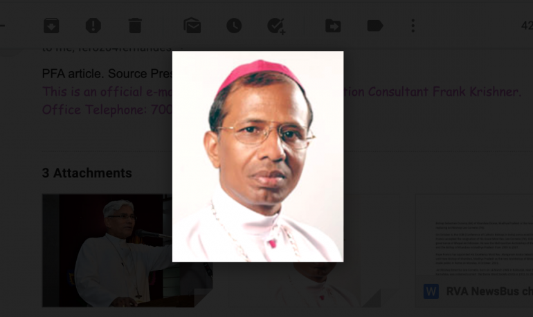 Pope Francis appointed Bishop Alangaram Arokia Sebastian Durairaj SVD as the new Archbishop of Bhopal in central India on October 4. Archbishop-elect Durairaj was the bishop of Khandwa Diocese in Madhya Pradesh in Central India. 