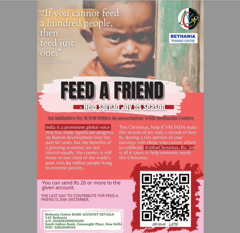 Indian Catholic youth launch "Feed a friend" program for Christmas The Indian Catholic Youth Movement (ICYM) has launched a "Feed a friend" program for Christmas.