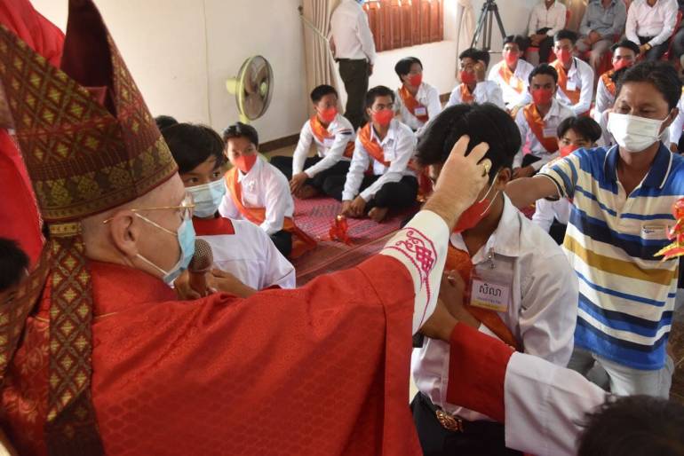 Catholic bishop asks youth to unfollow Satan, reject temptations Bishop Olivier Schmitthaeusler of Cambodia administered the sacrament of confirmation to forty-one young people at Saint Mary Immaculate Catholic Church, Samrong Thom village, Kein Svay district, Kandal province, 30 kilometers from the capital Phnom Penh.