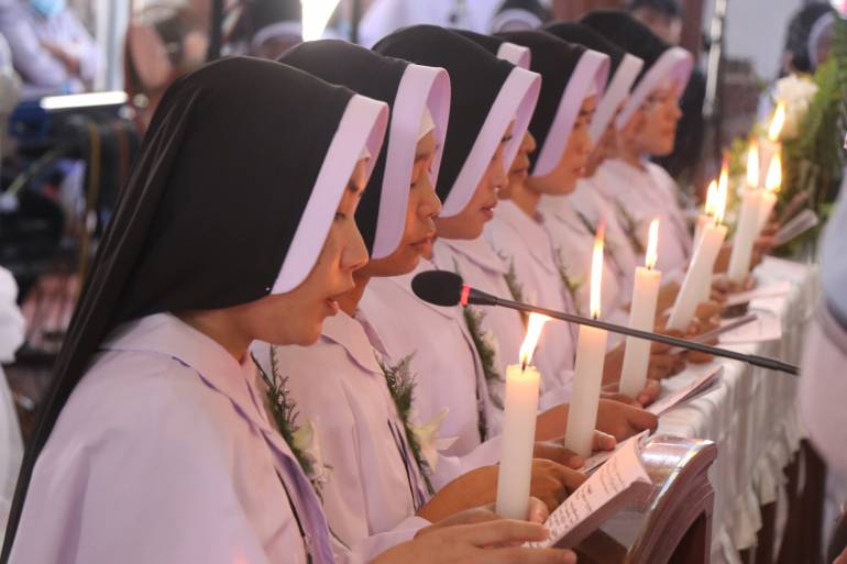 Political unrest did not stop 16 Catholic nuns from committing life to serve people Despite political unrest and pandemic, sixteen religious women made their perpetual profession in St. Peter’s Cathedral church, in Pathein, Myanmar.