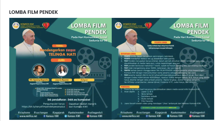 On May 29, 2022, the Indonesian Bishops' Conference (Komsos KWI) Social Communication Commission will hold many competitions as part of the 56th National Communication Day (PKSN Online).