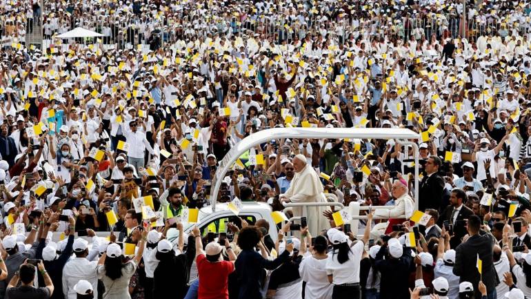 Pope Francis arrives at the Bahrain National Stadium