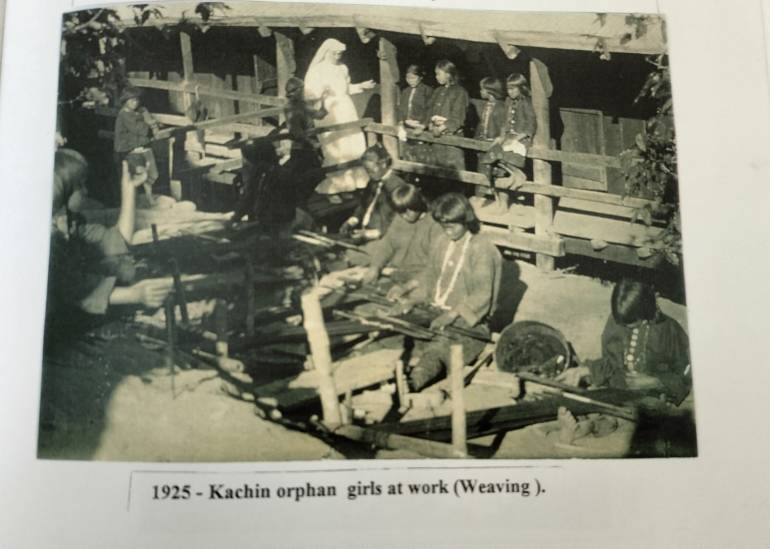 Kachin orphan girls at work (Weaving) in 1925