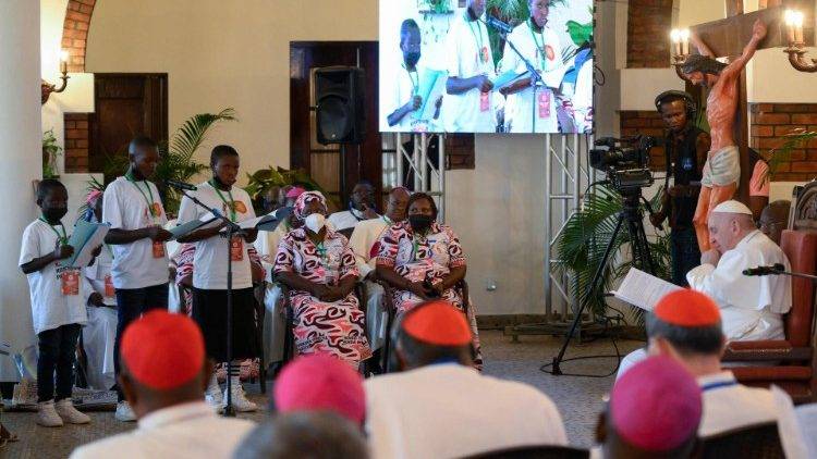 Pope Francis with survivors of war-torn eastern part of Congo