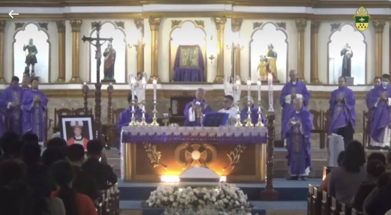 Archbishop Charles Brown, Apostolic Nuncio to the Philippines, presides over the funeral Mass for retired Bishop Angel Hobayan at the Catarman Cathedral on March 22