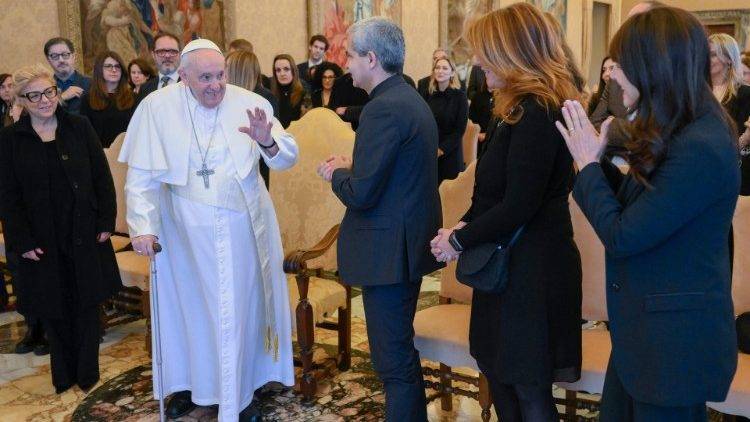 Pope Francis greets staff members of the TV programme (A Sua Immagine)