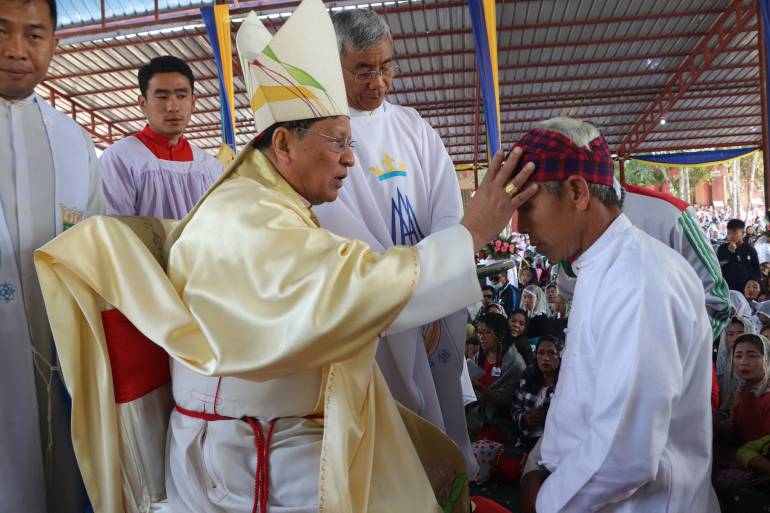 ardinal Charles Bo gives sacrament of confirmation at Tanghpre Parish on February 17, 2023