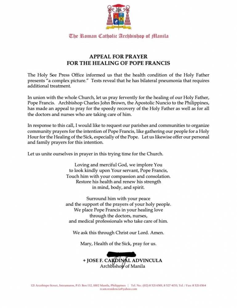 The Roman Catholic Archbishop of Manila issued an appeal for prayer for the healing of Pope Francis