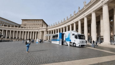 A mobile health clinic stopped in St. Peter’s Square on Monday to provide nine hours of free heart and general check-ups for the poor and homeless who live near the Vatican.