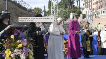 Pope Francis asked leaders of world religions to resist “the temptation to fundamentalism” for the sake of peace at an interreligious gathering Oct. 7 in front of the Colosseum.