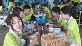 Eating meal in the dining room of the factory