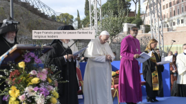 Pope Francis asked leaders of world religions to resist “the temptation to fundamentalism” for the sake of peace at an interreligious gathering Oct. 7 in front of the Colosseum.